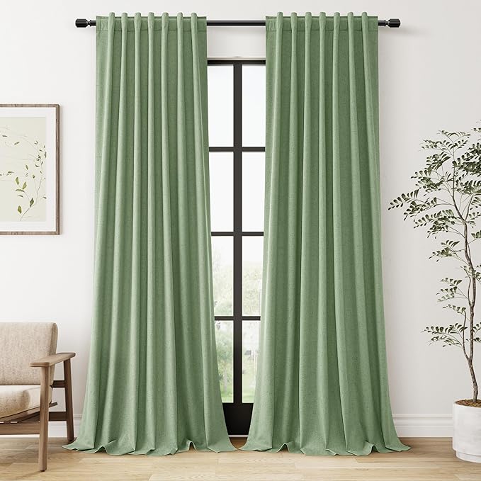 Guken 100% Blackout Linen Curtains 108 Inch Length 2 Panels Set for Living Room Bedroom Back Tab Thermal Insulated Black Out Linen Drapes Room Darkening Window Curtains,Light Sage