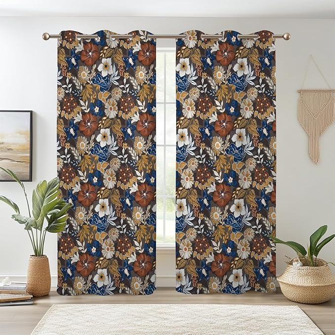 Renaiss Bohemian Floral Blackout Curtains, Blue Brown White Flower Thermal Insulated Bedroom Window Curtains, Boho Style Patterned Window Drapes for Living Room, 96" L x 42" W 2 Panel Set