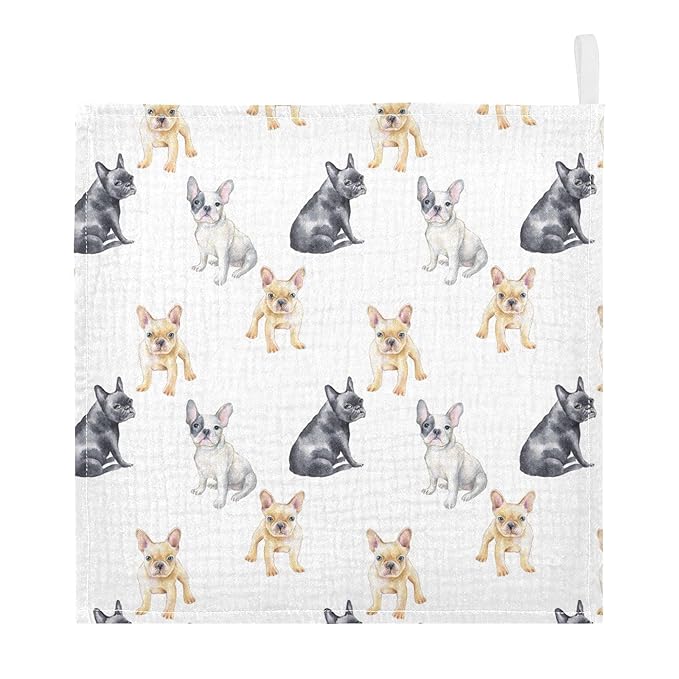 Baby Washcloths Cotton Pets French Bulldog Baby Muslin Washcloths Soft Baby Face Towel for Newborn Infants Baby Wipes, 11.8 X 11.8 Inch, 5 Pack