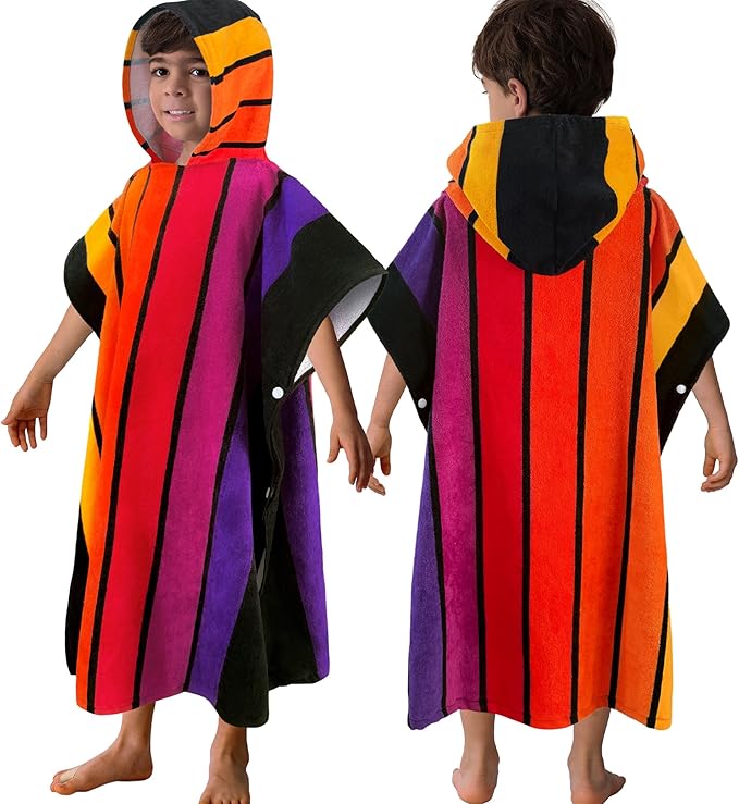 VOOVA & MOVAS Hooded Poncho Towels for Big Kids - (6-12Years), Absorbent Soft 100% Cotton Beach | Bath | Pool Swim Towel with Hood for Boys | Girls - Stripe
