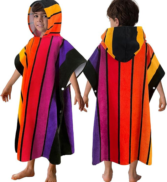 VOOVA & MOVAS Hooded Poncho Towels for Big Kids - (6-12Years), Absorbent Soft 100% Cotton Beach | Bath | Pool Swim Towel with Hood for Boys | Girls - Stripe