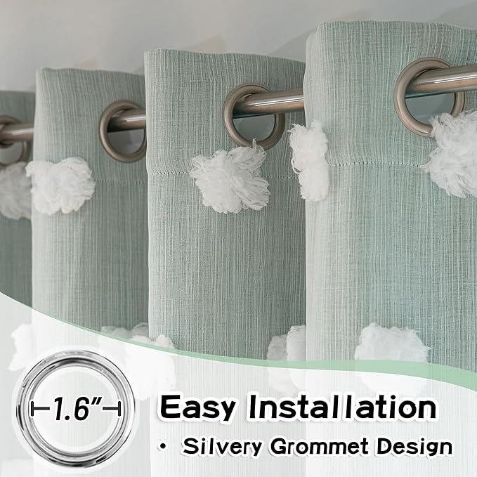 MYSKY HOME Aqua Curtains for Kids Room Nursery Curtains 72 Inches Long for Girls Bedroom Double Layer Curtains White Pom Pom Sheer Curtains for Dining Room Grommet Room Darkening Panels W52 X L72