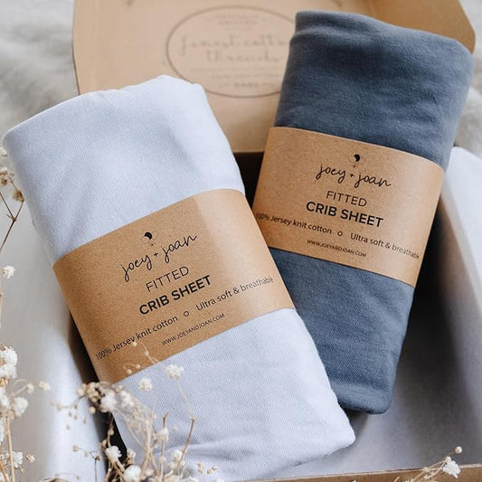 Joey + Joan Fitted Crib Sheets 28 x 52 – Compatible with Standard Crib Mattress and Toddler Bed – 100% Jersey Cotton – Light + Dark Grey – 2 Pack