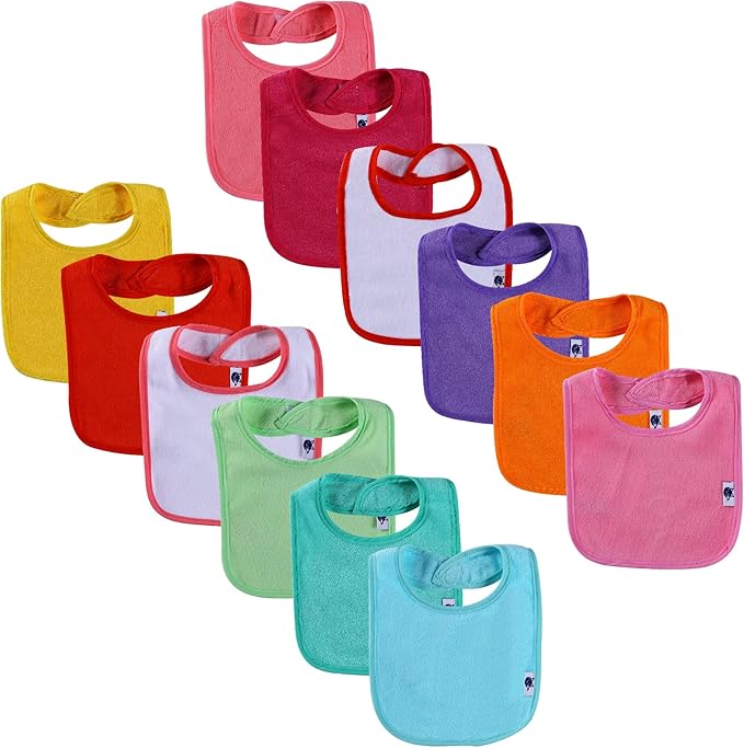 Nvatorfox 12 Pack Terry Drool Cotton Bibs, Unisex Baby Bibs with Fiber Filling Waterproof for Feeding, Teething, Drooling
