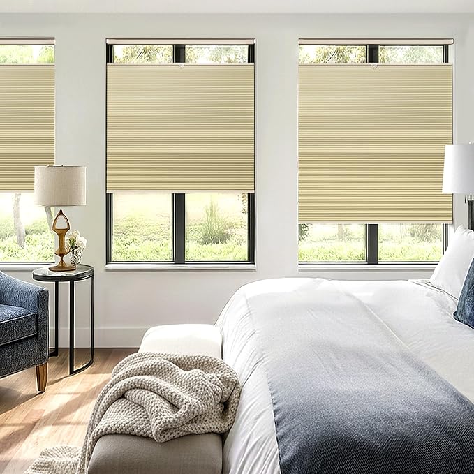 Lazblinds Upgraded Top Down Bottom Up (TDBU) Honeycomb Blinds, No Drill No Tools Easy Install Cordless Cellular Shades for Windows 25" W x 64" H, Beige - Blackout
