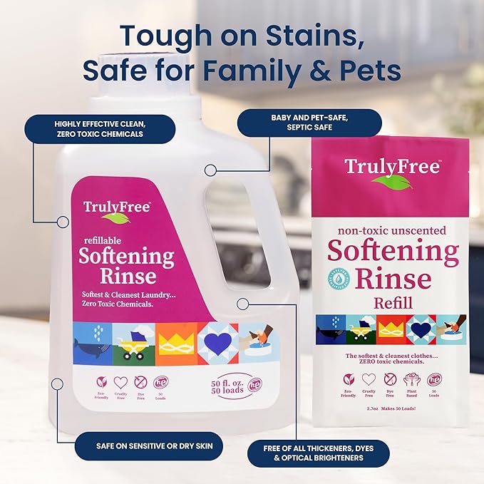 Truly Free Natural Fabric Softener | Plant-Based | Non-Toxic for Babies & Kids Sensitive Skin | Unscented Eco-Friendly Fabric Softener Conditioner | Safe, Gentle & Chemical-Free