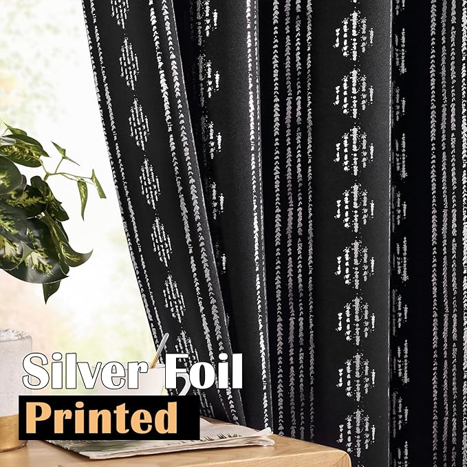 jinchan 95% Blackout Boho Curtains 84 Inches Long for Bedroom Living Room Silver Geometric Foil Printed Black Curtain Grommet Top Room Darkening Drapes Off White 52 x 84 2 Panels