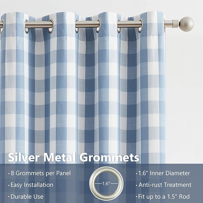 Amzdecor Buffalo Check Plaid Full Blackout Window Curtains 63 Inches Long for Bedroom Noise Reducing Total Room Darkening Grommet Drapes,Vintage Farmhouse Window Treatment,2 Panels,52"x63",Blue White