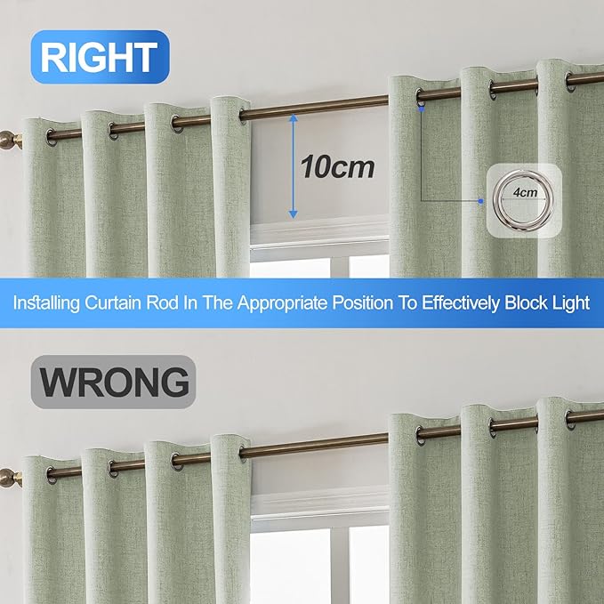 Linen 100% Blackout Curtains for Bedroom, Black Out Curtains 45 Inch Long, Room Darkening Curtains for Living Room, Long Curtain Grommets Drapes, Thermal Curtains(2 Panels, Light Green)
