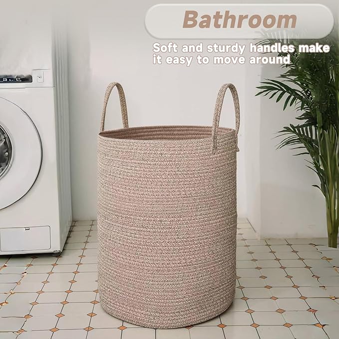 Large Woven Laundry Basket Hamper,80L Cotton Rope Storage Bin for Blankets,Toys and Clothes,Decorative Tall Nursery Hamper for Living Room,Baby Nursery,Bathroom and Bedroom,Oatmeal