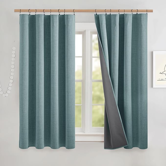 NICETOWN Skylark Blue 100% Blackout Short Curtains 63" Long for Kitchen, Burlap Linen Blend Drapes with Thermal Insulated Grey Liner, Keeping Out Cold Air and Heat Panels (Set of 2, 52" Width)