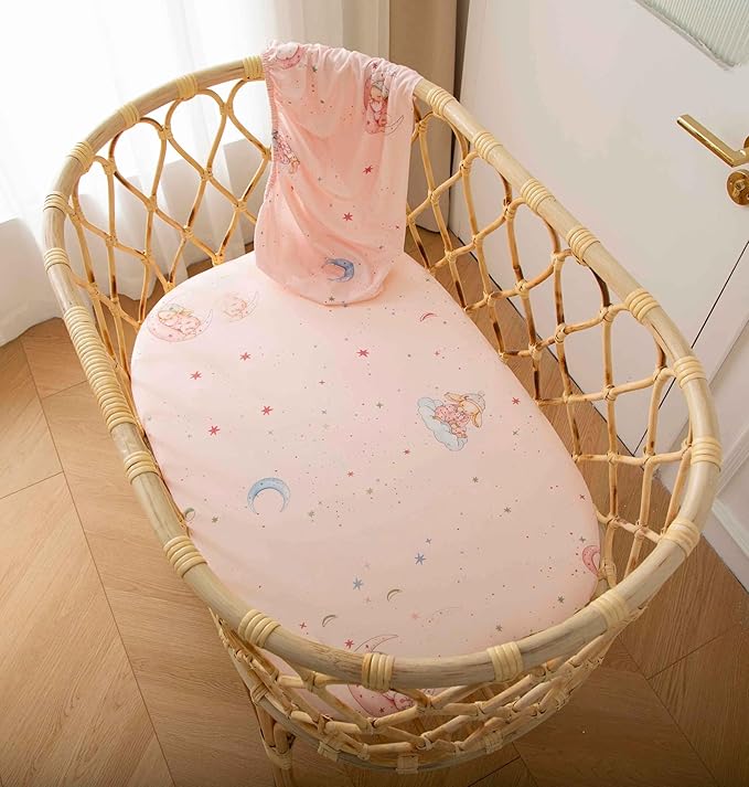 SDY Jersey Bassinet Sheets for Baby Girls,32 "x 16 "x 4",2 Pack,Pink Bunny Easter Day Style Standard Oval/Retangle Bassinet Mattress Sheets for Toddler,Super Soft Breathable
