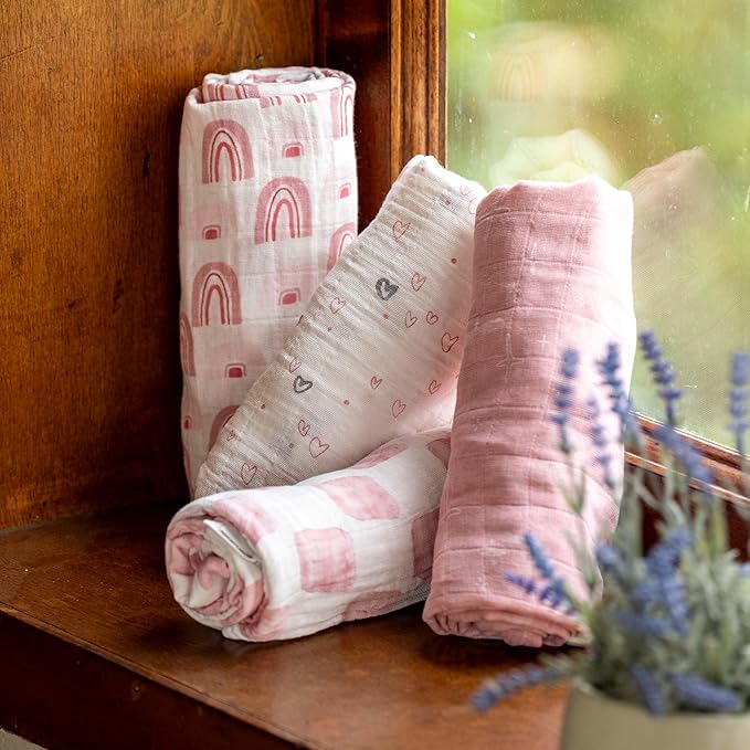 Muslin Swaddle Blankets for Newborn, 4 Pack Cotton Baby Blanket, Large 31.5 x 43.3 Breathable Soft Receiving Blankets Girl, Essentials Swaddle Wrap Burping Clothes, Pink Rainbow