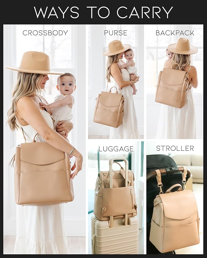 MIA + SOPHIA Leather Diaper Bag Backpack with USB Charging port, Changing Pad, Stroller Straps (Brown Olivia)