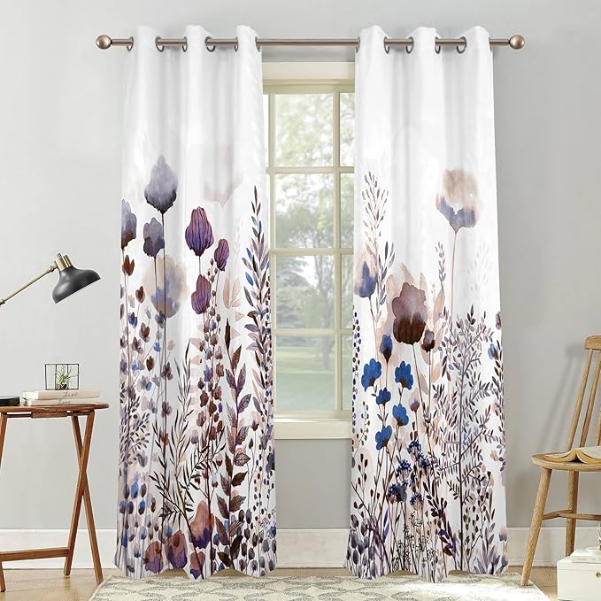 Renaiss Wild Flowers Blackout Curtains, Pastel Botanical Floral Print Thermal Insulated Bedroom Window Curtains, Nature Plants Window Curtains for Kitchen, 63" L x 53" W 2 Panel Set