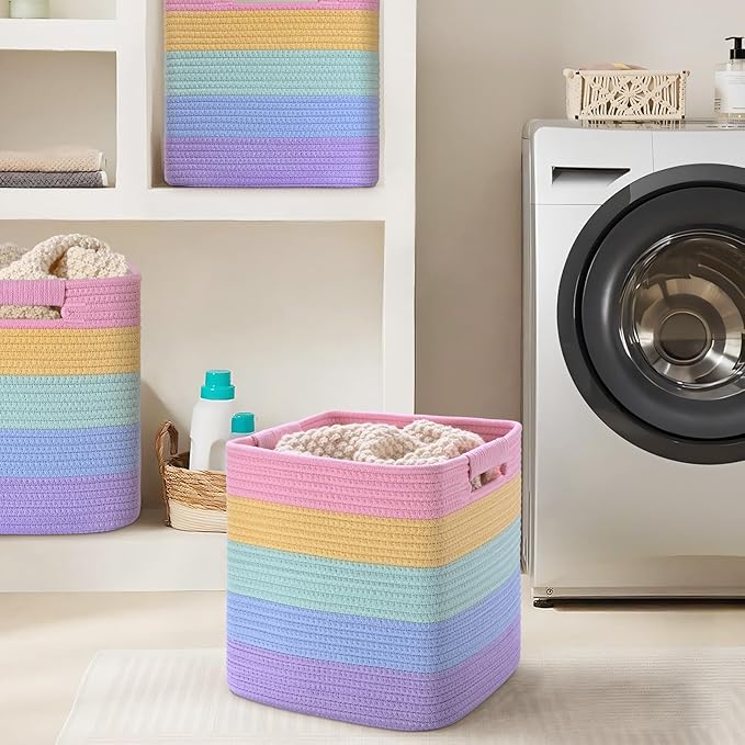 11 Inch Storage Cubes, 3 Pack Cube Storage Bins for Organizing, Cotton Rope Woven Baskets for Shelves, Bathroom, Kids Room, Closets, Baby Nursery