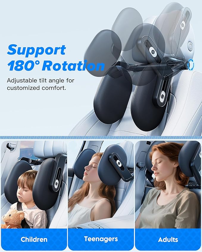 Car Headrest Pillow, 2025 Upgrade 360° Rotating Travel Headrest, 3-Point Linkage Adjustable, Thickened Breathable Memory Foam Headrest, Travel Car Sleeping Pillow for Kids, Adults