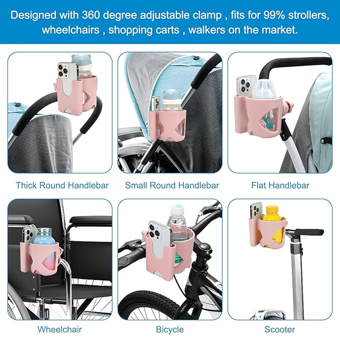 Accmor Universal Cup Holder, Stroller Cup Holder with Phone Holder, 360° Rotatable Large Caliber Designed Bottle Holder for Stroller, Bike, Wheelchair, Walker, Scooter