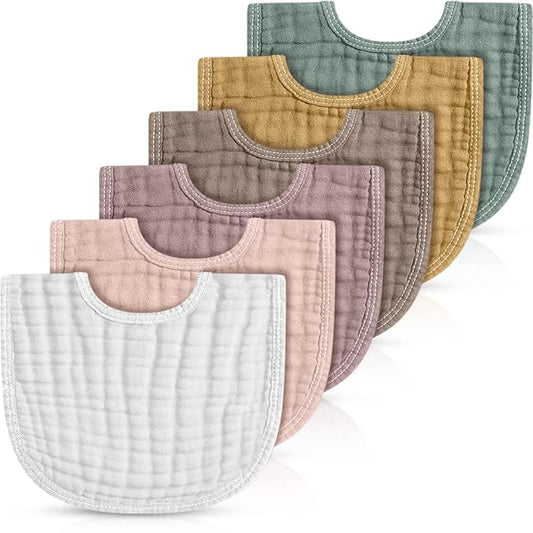 Frienda 6 Pcs Muslin Bibs Burp Cloths for Baby Teething Bandana Bibs 6 Absorbent Layer for Baby Boy Girl Cotton Burping Cloth(Stylish Color)