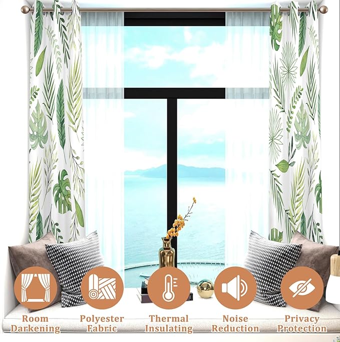 Renaiss Green Leaf Blackout Curtains, Tropical Safari Plants Patterned Thermal Insulated Bedroom Window Curtains, Eucalyptus Botanical Window Drapes for Living Room, 96" L x 53" W 2 Panel Set
