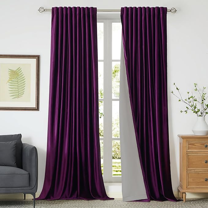 PRIMROSE 100% Full Blackout Purple Velvet Curtains, Set of 2, 52"W x 120"L (Pack of 2), Living Room, Bedroom, Heavy Decorative Drapes with Rod Pocket & Back Tab Hanging Style