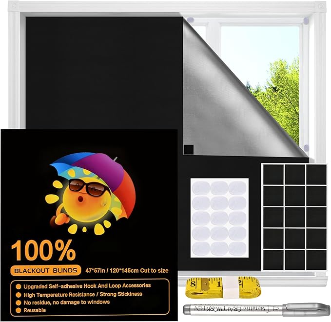 Blackout Window Cover, Upgraded Hook and Loop - Portable Shades No Residue and Longer Lasting, 100% Blackout Blinds for Window 47″ x 57″, Black Out Curtains for Bedroom and Baby Room 1.2m