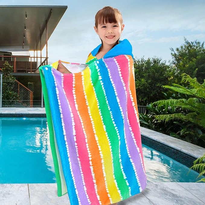 VOOVA & MOVAS Kids Bath Towel with Hood (3-8Years), Quick Dry Absorbent Lightweight Towel Wrap for Pool | Swim | Bath, Color Stripe