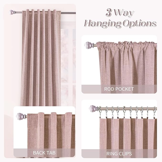 Linen Blend 100% Blackout Curtains 120 Inch Length 2 Panels Set for Living Room, Back Tab Thermal Insulated Bedroom Black Out Linen Drapes, 10 FT High Room Darkening Window Curtains Blush Pink
