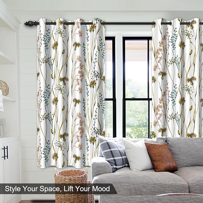 Floral Patterned Black Out Curtains 63 Inch Length, Thermal Insulated Blackout Curtains for Bedroom and Living Room, Grommet Soundproof Privacy Farmhouse Room Darkening Window Curtains 2 Panels Set