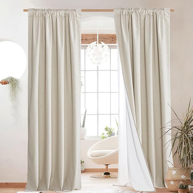 NICETOWN Natural 100% Blackout Linen Curtains 84" Long for Bedroom, Farmhouse Thick Linen Blend Window Treatment Panels Thermal Insulated Drapes for Living Room (1 Pair, 52" Width Each Panel)