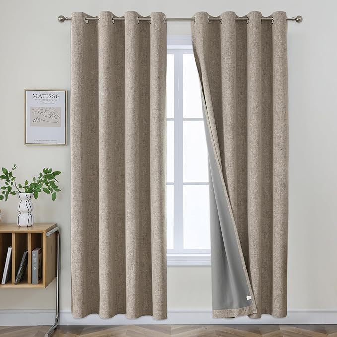 Joydeco Blackout Curtains 90 Inches Long 2 Panels Burg, Room Darkening Curtains for Bedroom, 100% Black Out Textured Thermal Drapes Privacy Protection 2 Panels Set(W42 x L90 Inch, Linen)