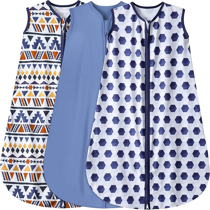 BSTOPPT 3 Pack Baby Sleep Sack 100% Rayon Cotton Baby Sleeping Bag 2-Way Zipper Toddler Wearable Blankets TOG 0.3. (Soccer&Triangles&Blue, 18-24 Months)