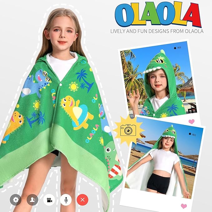 OLAOLA Dinosaur Beach Hooded Towel for Kids 3-12 Years, Soft Thick Absorbent Beach Towels, Toddler Bath Towel Wrap 28" x 53", Swim Pool Towels Poncho for Boys Girls