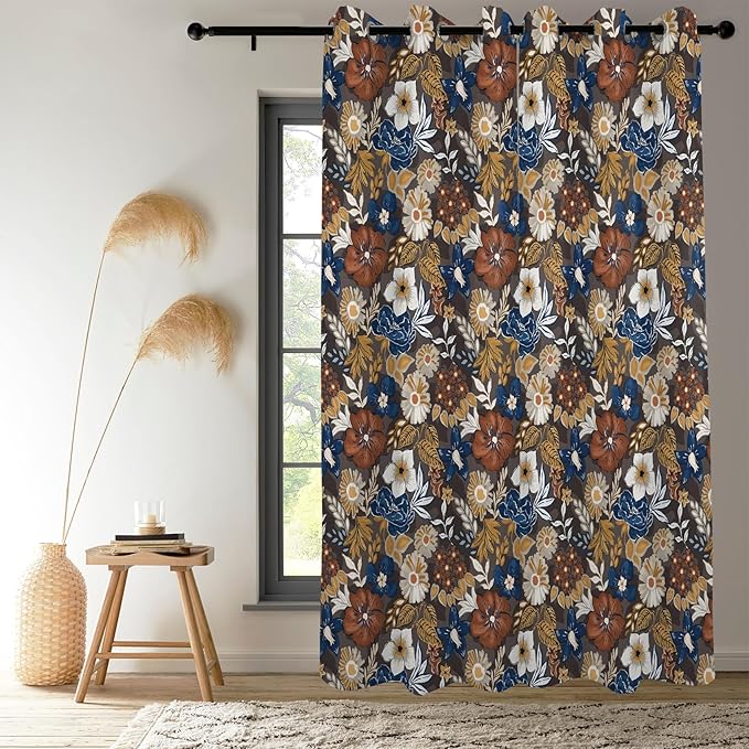 Renaiss Bohemian Floral Blackout Curtains, Blue Brown White Flower Thermal Insulated Bedroom Window Curtains, Boho Style Patterned Window Curtains for Kitchen, 45" L x 29" W 2 Panel Set