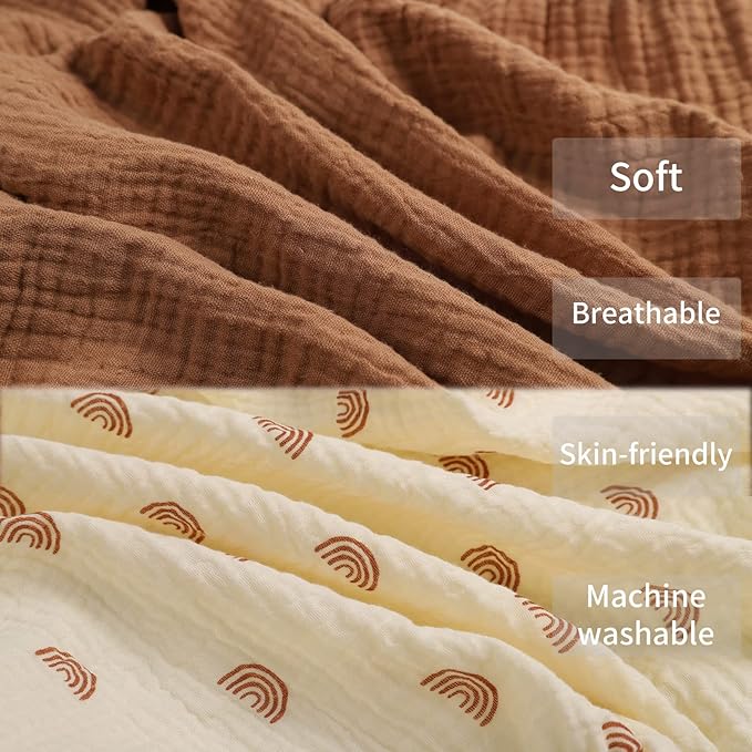 Onacosht Muslin Crib Sheets for Boys Girls, Soft Breathable 100% Cotton Baby Fitted Sheet 52" x 28" for Standard Toddler Crib Mattress, 2 Pack, Brown and Rainbow