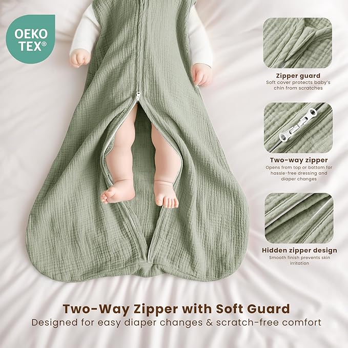 Konssy Muslin Baby Sleep Sack 0-6 Months 0.8 TOG, 2 Pack 100% Cotton Wearable Blanket for Babies, 2-Way Zipper Breathable Sleeping Sack Infant Toddler Essentials for Girls and Boys (Cream, Fog Green)
