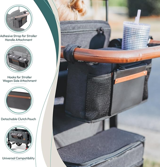 WONDERFOLD Universal Parent Console Stroller Organizer with Insulated Cup Holders, Hook & Loop Closure Handle Attachment, 2 Storage Pockets, Removable Shoulder Strap for Easy Transport