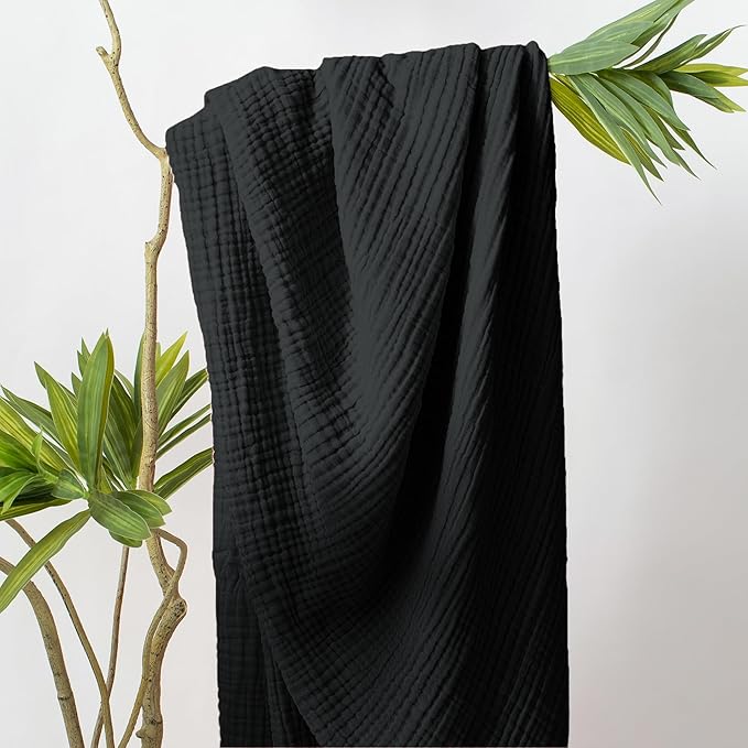 Carriediosa 100% Cotton Muslin Throw Blanket 50" X 70" Twin XL Size，4-Layers Summer Gauze Throws for Bed Couch，Soft Lightweight Breathable Linen Blankets Bedspread for Adults All Season，Black