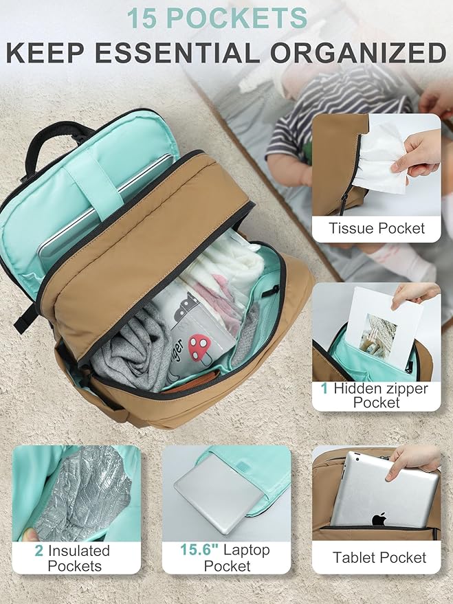 MOMINSIDE Diaper Bag Backpack - Large Puffer Diaper Bag - Neoprene Diaper Bag Quilted Baby Bag, Large Changing Pad, 15 Pockets, Lightweight, Brown