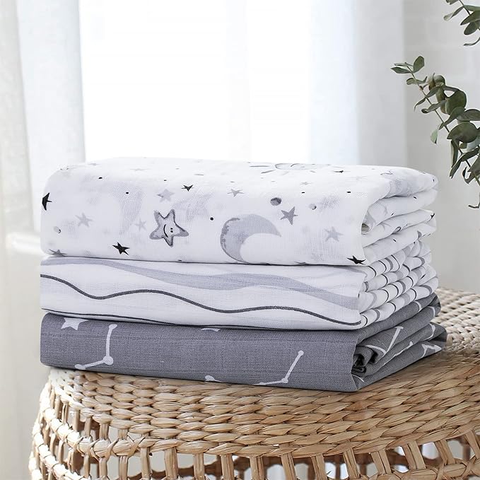 Little Grape Land Muslin Swaddle Blankets 47''x47'' 3 Pack, 100% Cotton Large Size Baby Swaddles for Newborn, Soft Breathable Baby Blankets for Newborns, Stars/Grey