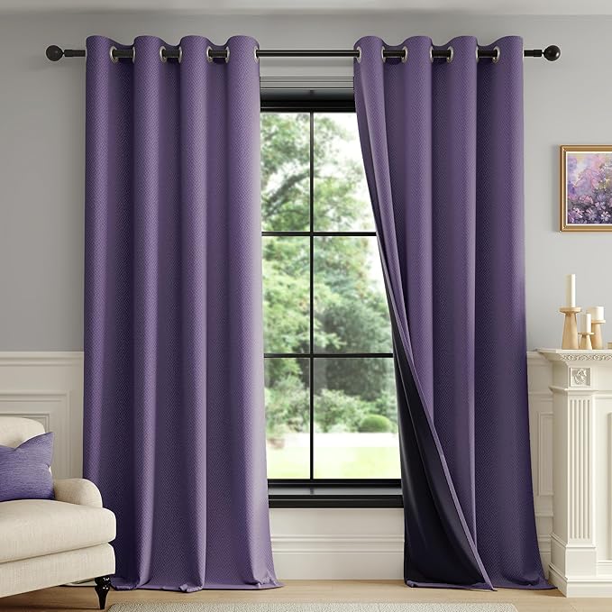 FMFUNCTEX 100% Blackout Curtains for Bedroom, Purple Curtains 108 Inches Long Textured Thermal Insulated Curtains for Living Room Drapes, Black Out Drapery Grommet Room Darkening 2 Panels