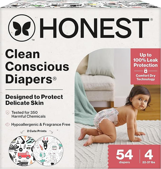 The Honest Company Comfort Dry Disposable Diapers for Sensitive Skin, Hypoallergenic, Fragrance-Free, Space Travel + Big Trucks, Club Box, Size 4 (22-37 lbs), 54 Count