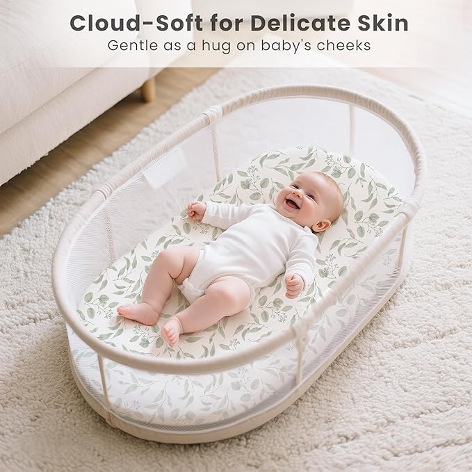 Konssy 3 Pack Stretchy Bassinet Sheets for Baby Girl Boy, Soft Breathable Baby Bassinet Mattress Sheets Fit for Hourglass Oval Cradle, Moses Basket Rectangle Mattress (Green Leaves)