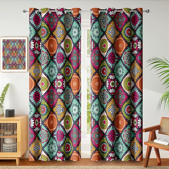 Boho Vintage Abstract Blackout Curtains, Mid Century Vintage Colorful Mandala Geometric Design Window Drapes, Living Room Bedroom Decor 2 Panels 52x84 Inch