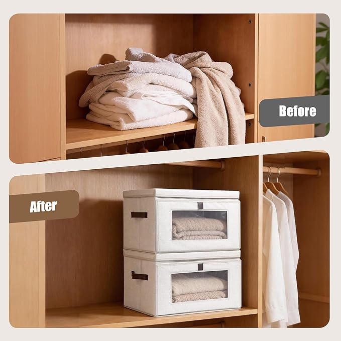 Magnetic Front Opening Fabric Storage Bins with Lids, 35L 2-Pack Beige Storage Box with Window for Closet, Shelf, Nursery, Living Room, 16.9x12.2x11.4in