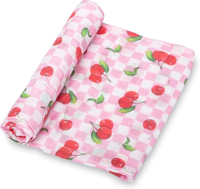 LollyBanks 100% Cotton Baby Swaddle Blanket for Baby Girls, Gentle and Soft Muslin Swaddle, Lightweight 47 x 47 Inches Swaddling Blankets for Newborn, Baby Girl Newborn Essentials (Cherry Print)