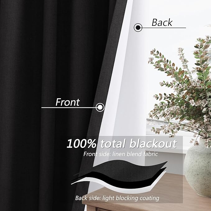Guken Black 100% Blackout Curtains 84 Inch Length 2 Panels Set for Living Room Bedroom Back Tab Thermal Insulated Black Out Linen Drapes Room Darkening Window Curtains 84 Inches Long