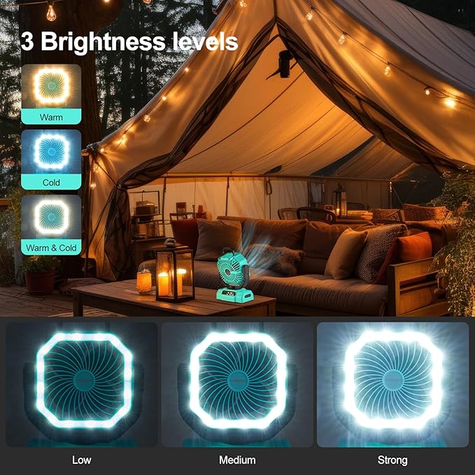 Odoland Portable Camping Fan with LED Lantern, 20000mAh Rechargeable Battery Powered Fan with Auto Oscillation, Timer, Remote, 360° Rotation Hook, 4 Speeds for Power Outage Travel Home, Cayan