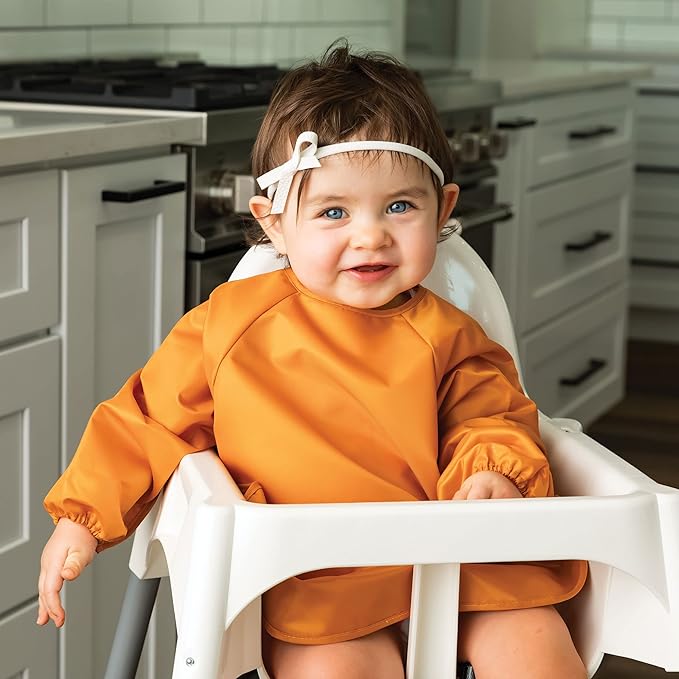 Tiny Twinkle Long Sleeve Bib for Babies & Toddlers | 2-Pack Waterproof Smock Bib for Eating | Machine Washable & Mess-Proof Feeding Essentials | Newborn Shower Gift (Sand Cinnamon,2-4Y)