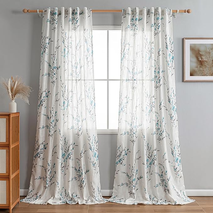 MYSKY HOME Sheer Curtains 95 inches Long for Living Room Linen Textured Soft Touch Window Panels for Bedroom Light Filtering Privacy Protect Flower Print Decorative Drapes, Teal, 50"x95", 2 Pcs